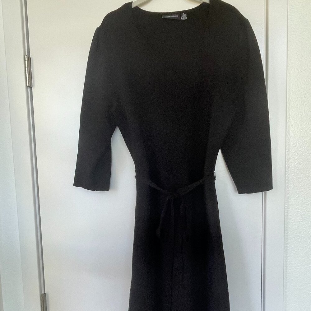 Nina‎ Leonard Black Fit and Flare Dress with Tie Waist, 3/4 Sleeve, Size XL